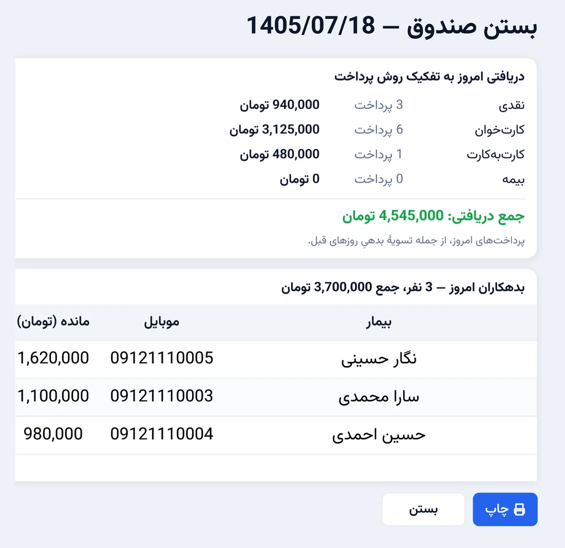 بستن صندوق: دریافتی روز به تفکیک روش پرداخت